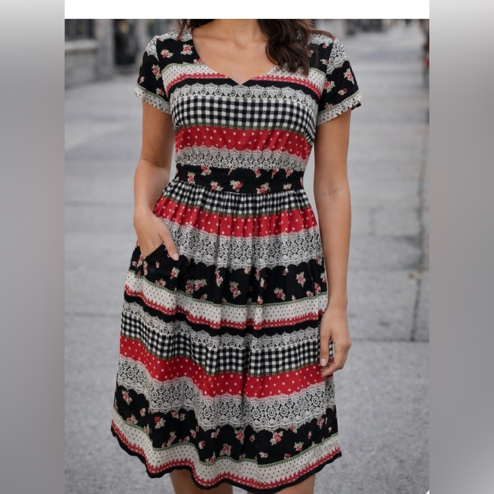Modcloth Black and Red Lace Patterned‎ Midi Dress